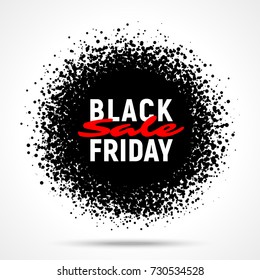 Black Friday sale circle banner background, abstract sphere of black random dots, halftone round tag for advertising, logo, label, print, poster, web, presentation. Vector illustration.