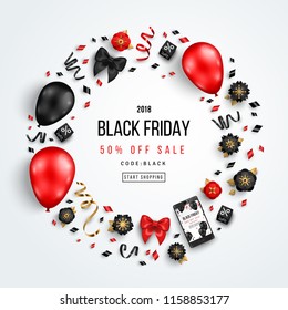 Black Friday Sale Circle Frame with Balloons, Flowers and Confetti on White Background. Vector illustration.