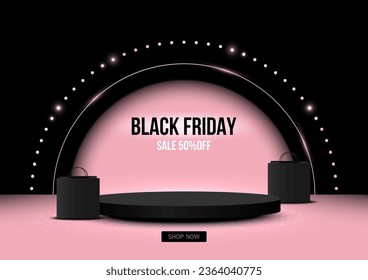 Black Friday Sale, Circle pedestal with Bag shopping on black and pink studio background. Stage empty for Product, Advertising, Show, Award. Vector illustration.