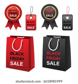 Black Friday Sale Collection. Collection of Black Friday sale elements shopping bags, award ribbons and gift tags in two different colors (red and black), isolated on white background.