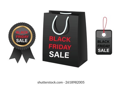 Black Friday Sale Collection. Collection of Black Friday sale elements shopping bags, award ribbons and gift tags in two different colors (red and black), isolated on white background.