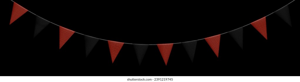 Black Friday sale colorful bunting garlands with flags made of shredded pieces of fabric. Decorative multicolored party pennants for festival, party celebration. Holiday background with hanging flags.