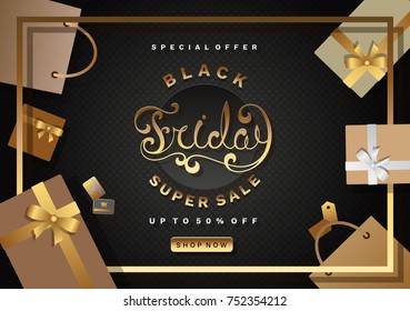 Black friday sale colorful design template with golden calligraphic text with gift boxes and shopping bags on a wooden background.
