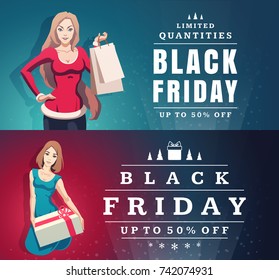 Black friday sale colorful vector flyer template n cartoon style with a beautiful girl holding shopping bags in a Santa suit and a cute girl holding a gift box in a blue dress on textured background.