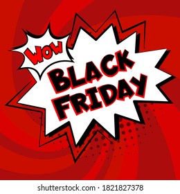Venta de viernes negro Plantilla de banner de explosión de historietas. Banner de texto pop-art en la web. Publicidad de burbuja de voz, promoción. Superventa y descuento. Fondo de punto de semitono. Vector