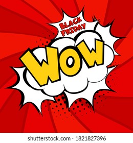 Venta de Viernes Negro Modelo de banner estilo Comic. Texto con una bandera de la web de arte pop. Publicidad de burbuja de voz, promoción. Superventa y descuento. Fondo de punto de semitono. Vector