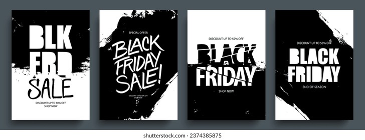 Black Friday Sale. Commercial set for Black Friday discount shopping promotion and advertising. Brush stroke. Black and white color. Vector illustration.