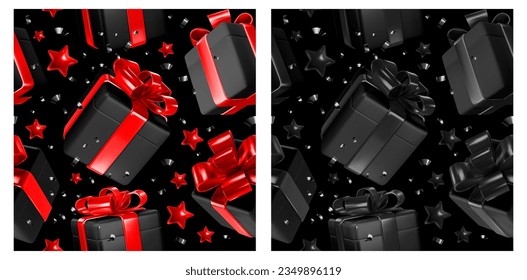 Black Friday Sale concept backgrounds. Luxury seamless patterns with 3d realistic black satin gift boxes with glossy black and red ribbon and bow flying with sequins and stars. Vector illustration