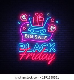 Black Friday Sale concept banner in fashionable neon style, luminous signboard. Nightly advertising of sales rebates of Black Friday. Vector illustration for your projects