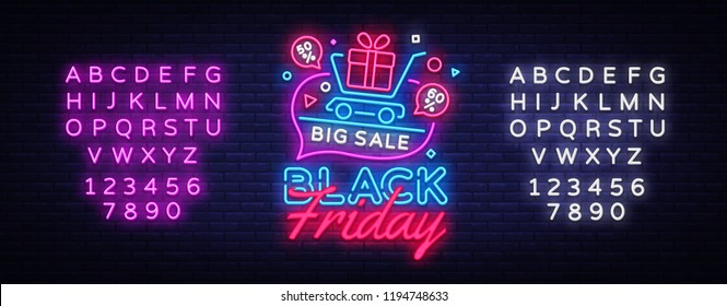 Black Friday Sale concept banner in fashionable neon style, luminous signboard. Nightly advertising of sales rebates of Black Friday. Vector illustration for your projects. Editing text neon sign