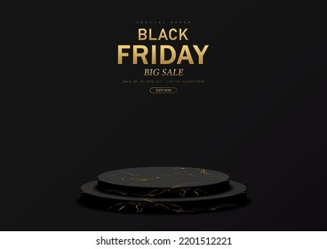 Black Friday Sale Concept. Blank podium marble pattern on dark background. Stage pedestal for Product Display, Advertising, Show, and Award. Vector illustration.