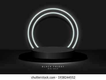 Black Friday Sale Concept. Circle Black Podium, Decoration With Neon Light White Round Design On Dark Background. Stage Empty For Decor For Product, Advertising, Show, Award. Vector Illustration.