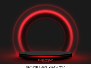 Black Friday Sale Concept. Circle black podium, decoration with red neon light round design on dark background. Stage empty for decor for Product, Advertising, Show, Award. Vector illustration.