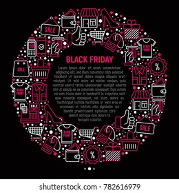 Black friday sale concept in circle with thin line icons: store, shopping cart, wallet, credit card, payment, thumbs up, badge, special offer. Modern vector illustration, web page template.