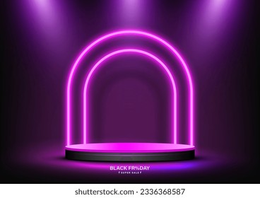 Black Friday Sale Concept. Empty circle pedestal for product displays with Pink neon arch lighting on black background. Vector illustration.