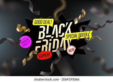 Black friday sale concept. Explotion effect with dirrerent shopping labels