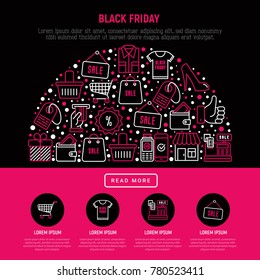 Black friday sale concept in half circle with thin line icons: store, shopping cart, wallet, credit card, payment, thumbs up, badge, special offer. Modern vector illustration, web page template.