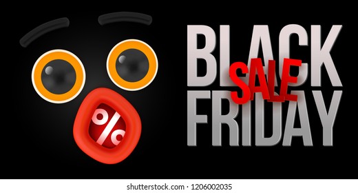 Black Friday sale concept. Illustration sell emotions: shock face, expression, surprise, joy, mouth open with percentage symbol, wondering yellow eyes. Vector isolated on a black. Banner, poster