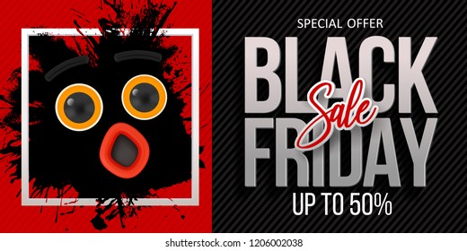 Black Friday sale concept. Illustration sell emotions: shock face, expression, surprise, joy, open mouth, wondering yellow eyes on splash and frame. Vector Banner, poster