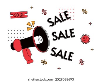 Black Friday. Sale concept. Megaphone with text on white background. Up to 50% OFF discount. Business offer. Design 
advertising banner or flyer. Flat modern vector illustration. 