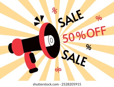 Black Friday. Sale concept on striped background. Megaphone with text on background sun burst. Up to 50% OFF discount. Business offer. Light background sunburst. Design advertising banner or flyer.