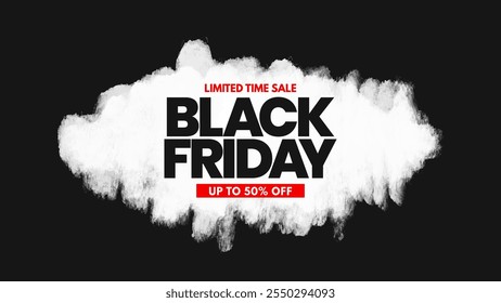 Black friday sale concept on dark background with white smoke. Transparent mist. fog cloud. For design website, night club poster, advertising flyer