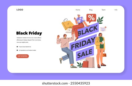 Black Friday sale concept. Shoppers enjoying seasonal discounts, carrying bags amid large sale signs. Ideal for web promotions. Vector illustration.