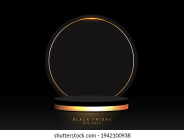 Black Friday Sale concept with stage empty for decor product, advertising, show. Black podium design luxury isolated on dark background. Vector illustration.