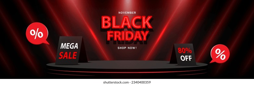 Black Friday Sale Konzept Stage Podium für die Produktdarstellung. Moderne Kulisse mit Neonlicht. Vektorgrafik.