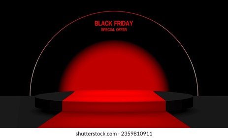 Black Friday Sale Concept. Stage podium decoration with Red carpet on modern round wall background. Pedestal empty for decor for Product, Advertising, Show, Award. Minimal style. Vector illustration.