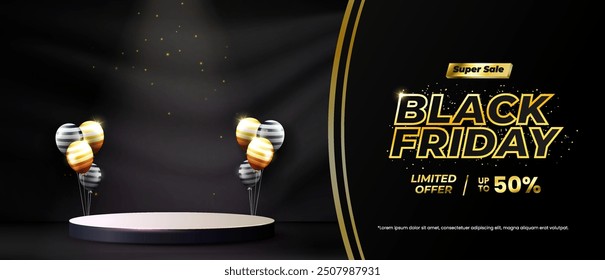 Black Friday Sale concept with a stage podium designed for showcasing products, complemented by a modern backdrop that includes balloons and dynamic light effects to create an engaging atmosphere.