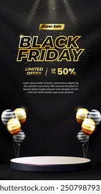 Black Friday Sale concept with a stage podium designed for showcasing products, complemented by a modern backdrop that includes balloons and dynamic light effects to create an engaging atmosphere.