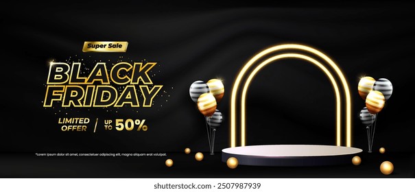 Black Friday Sale concept with a stage podium designed for showcasing products, complemented by a modern backdrop that includes balloons and dynamic light effects to create an engaging atmosphere.