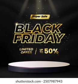 Black Friday Sale concept with a stage podium designed for showcasing products, complemented by a modern backdrop that includes balloons and dynamic light effects to create an engaging atmosphere.