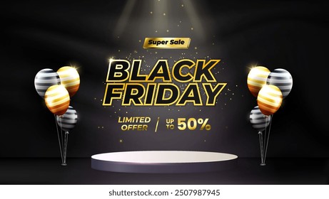 Black Friday Sale concept with a stage podium designed for showcasing products, complemented by a modern backdrop that includes balloons and dynamic light effects to create an engaging atmosphere.