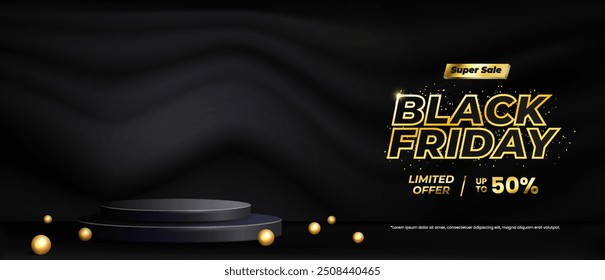 Black Friday Sale conceito com um pódio de palco projetado para mostrar produtos, complementado por um pano de fundo moderno que inclui balões e efeitos de luz dinâmica para criar uma atmosfera envolvente.