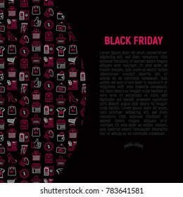 Black friday sale concept with thin line icons: store, shopping cart, wallet, credit card, payment, thumbs up, badge, special offer. Modern vector illustration, web page template.