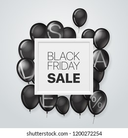 Black friday sale concept. Vector banner with white frame and black balloons 