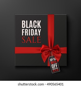 Black Friday Sale conceptual background. Black gift box with red ribbon. Vector illustration.