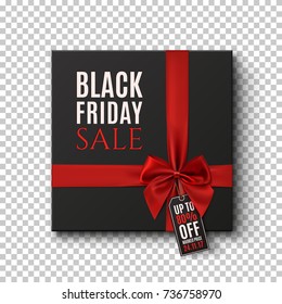 Black Friday Sale conceptual background. Black gift box with red ribbon and price tag on transparent background. Vector illustration.