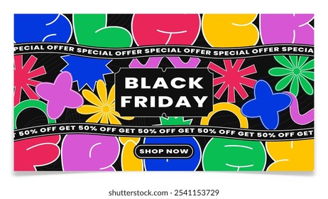 Black Friday Sale Contemporary Banner Template. Sticker style desktop background. Colorful cartoon bubble letters. Ad social media post. Discount price promotion. Vector illustration