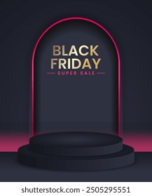 Black Friday Sale copy space background. Realistic 3d design stage podium, round studio, pink neon lights