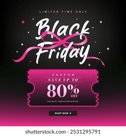 Black Friday Sale coupon 80% discount vector design. Pink bow ribbon on text 