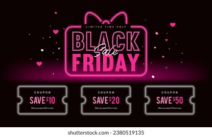 Black Friday Sale Coupon banner vector design. Pink neon lights gift box