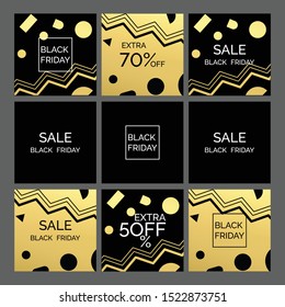 Black friday SALE coupons kit for your business. Promo action universal labels set with golden memphis 80s motive