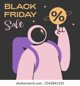 Black Friday Sale Cover with astronaut. Text Luxury banner with gold effect. Fashion advertising banner, card and poster design for Discount commercial event. Flat Vector illustration.