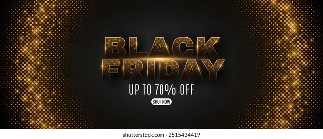 Black Friday sale cover. Golden glittering halftone effect with lights. Fashion advertising promotion banner design. Commercial discount event. Vector illustration. EPS 10.