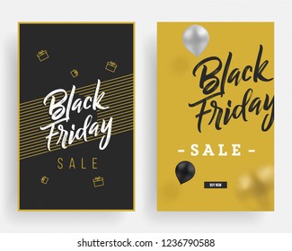 Black Friday Sale cover set with 3D golden, white and black balloons and gift box. Creative trendy art with calligraphy. Eps10 vector illustration.