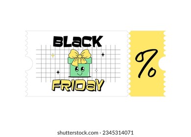 Black friday and sale. Cute character gift box with a face. Design for voucher, ticket and coupon for kids clothes, shoes, toys and stationery. White background. Groovy style. Vector illustration