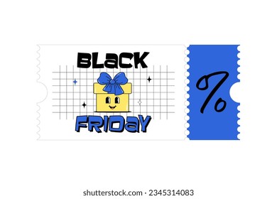Black friday and sale. Cute character gift box with a face. Design for voucher, ticket and coupon for kids clothes, shoes, toys and stationery. White background. Groovy style. Vector illustration